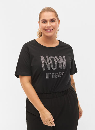 T-Shirt mit Nieten aus Bio-Baumwolle, Black NOW or never, Model image number 0