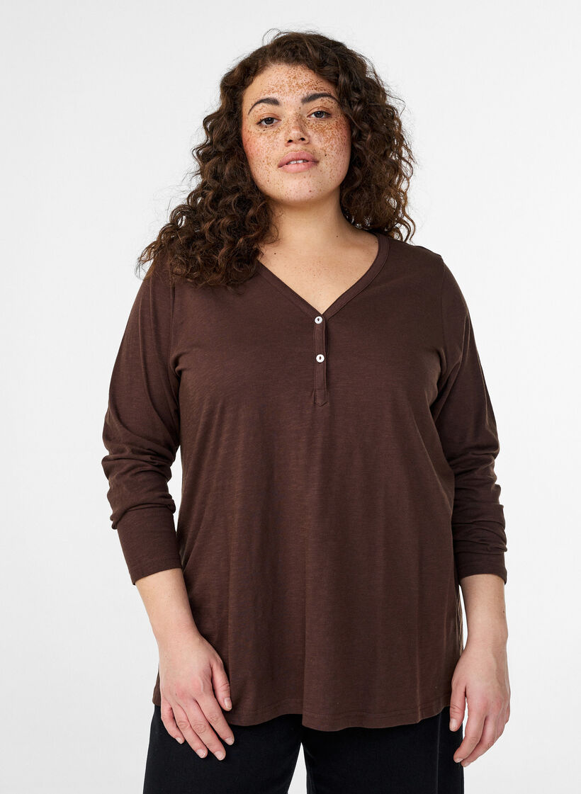 Langarmshirt mit V-Ausschnitt und Kn&ouml;pfen, Braun, Model image number 0