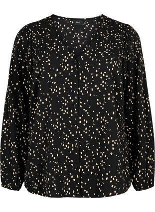  Hemdbluse mit V-Ausschnitt und Aufdruck, Black Dot AOP, Packshot image number 0