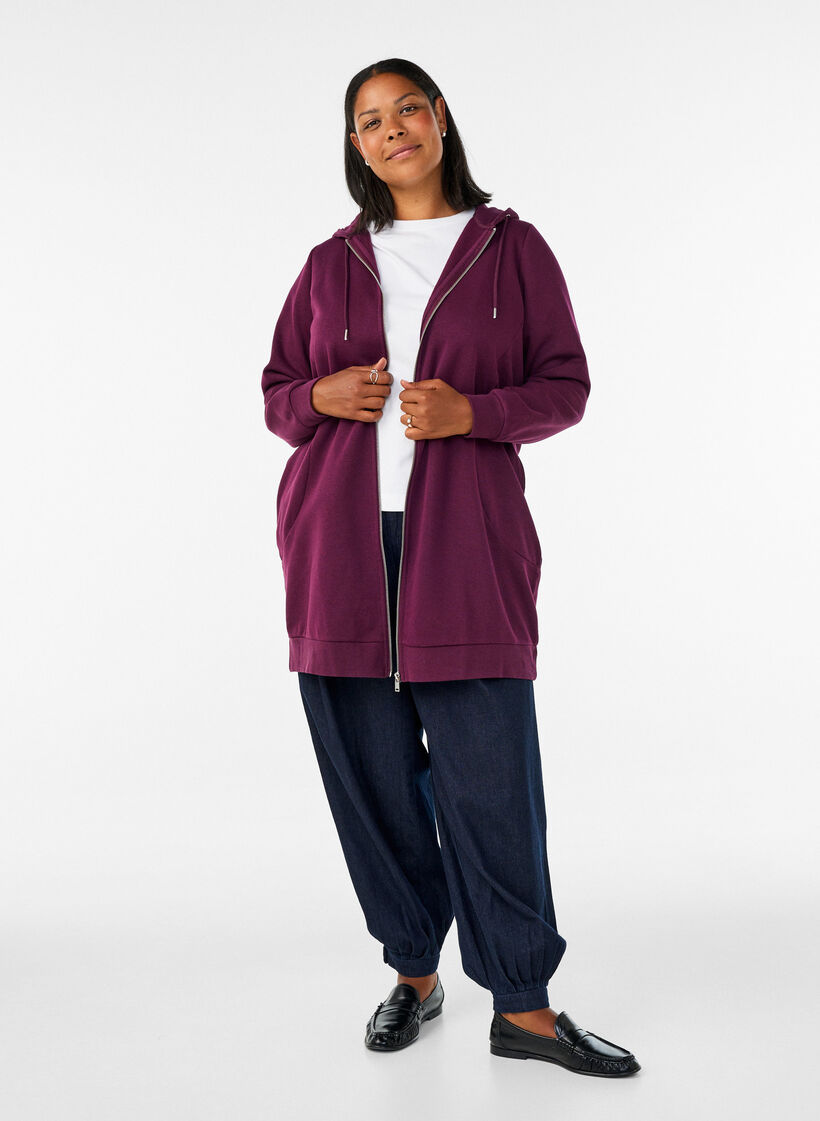 Langer Hoodie mit Rei&szlig;verschluss und Taschen, Lila, Model image number 1