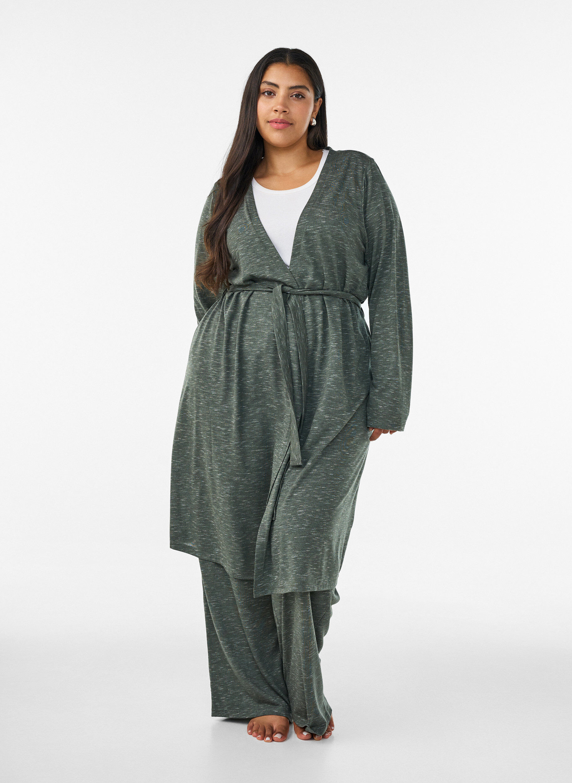 ZizziLange Jersey-Strickjacke mit Bindeg&uuml;rtel, Gr&uuml;n, Model image number 0