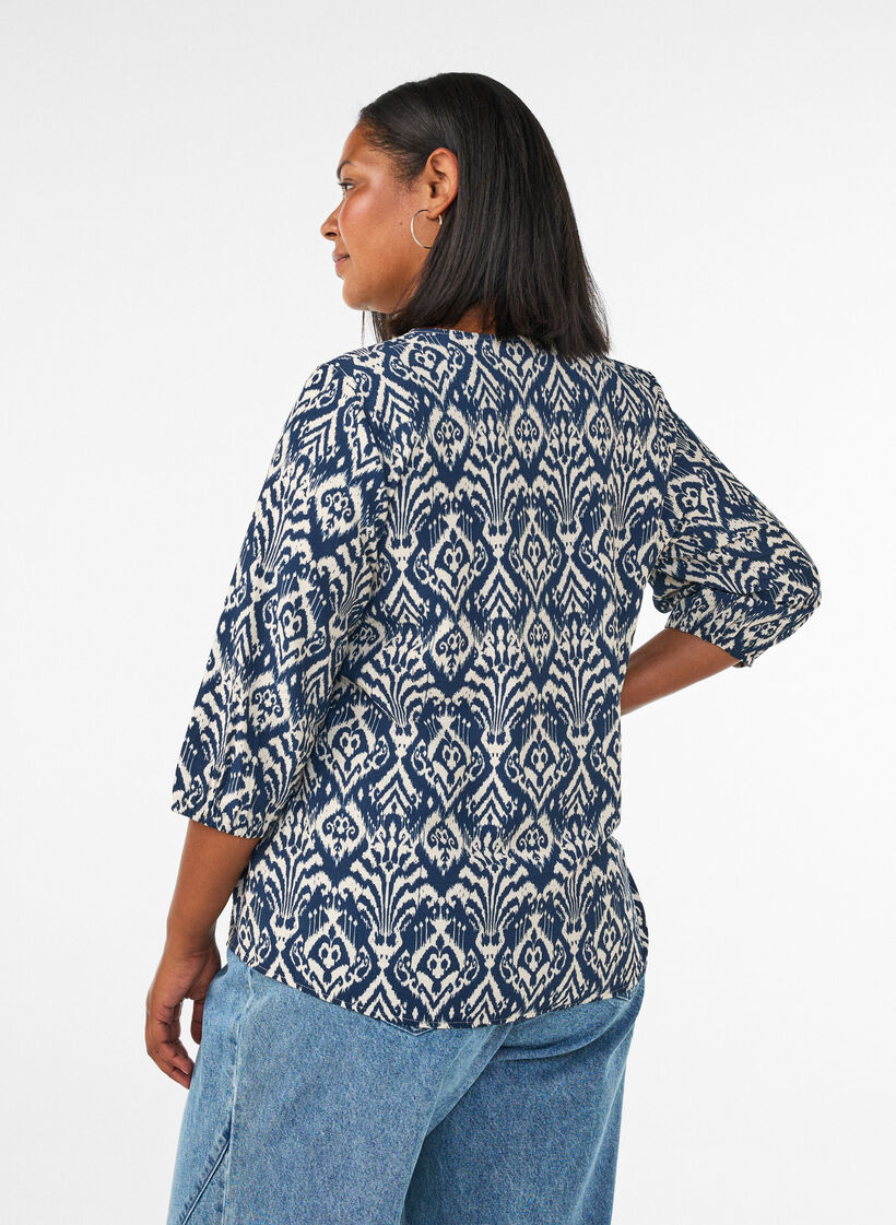 Gemusterte Bluse aus Viskose mit 3/4-&Auml;rmeln, Blau, Model image number 2
