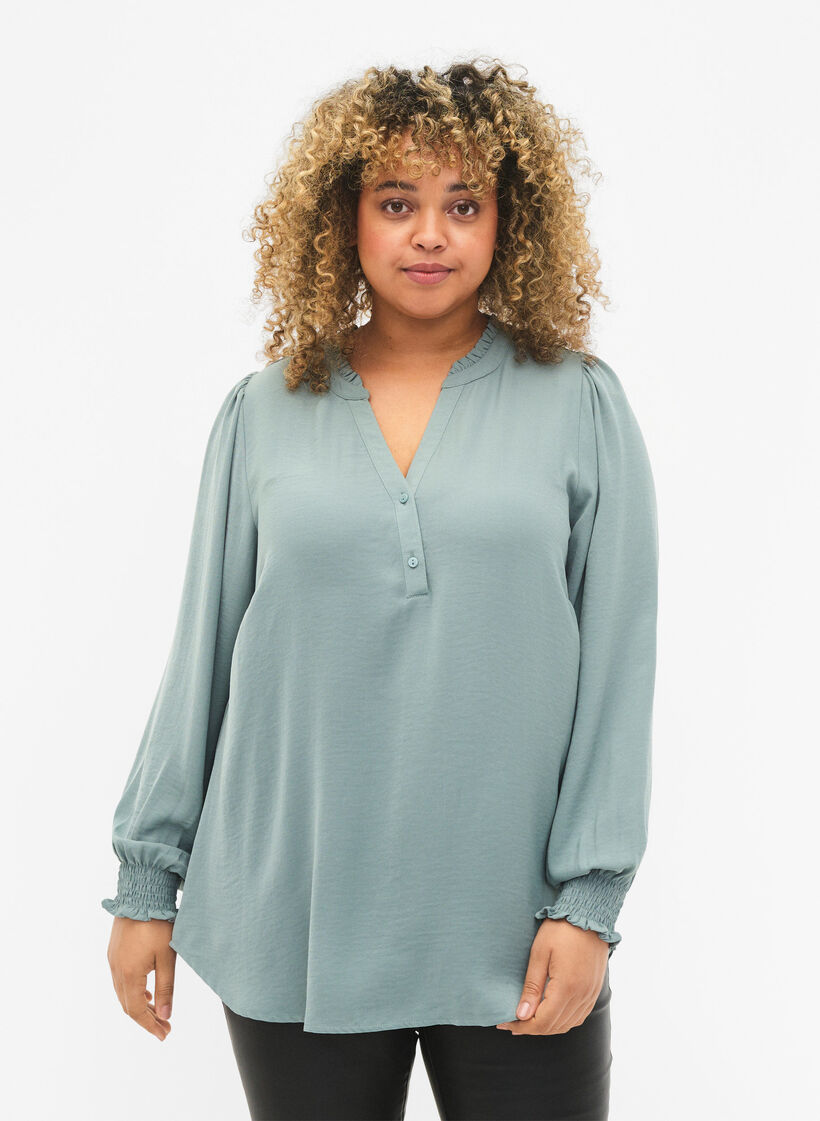 Bluse mit Smok und V-Ausschnitt, Chinois Green, Model image number 0