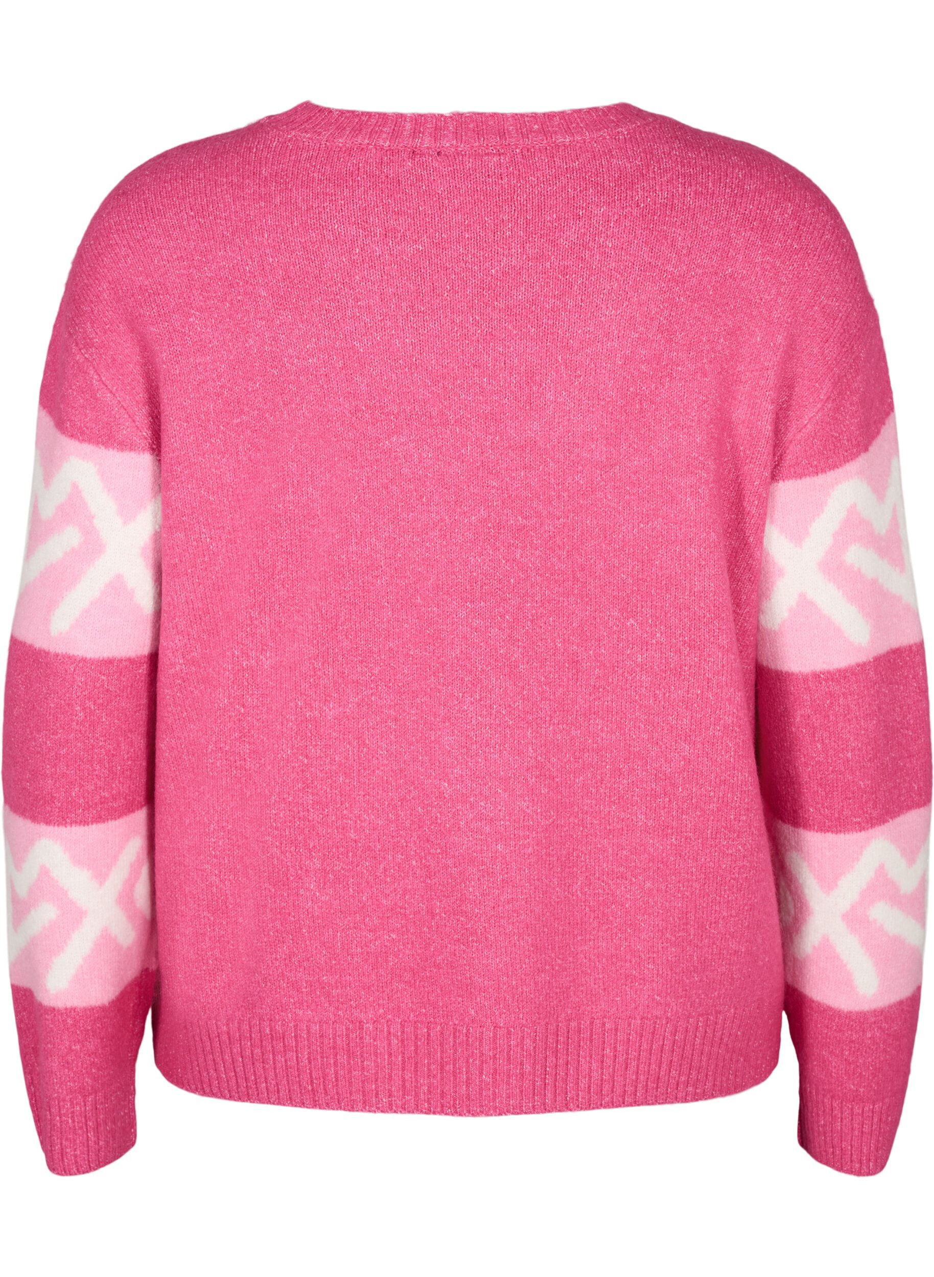 ZizziGestreifter Strickpullover mit grafischem Muster, Raspberry Rose Comb, Packshot image number 1