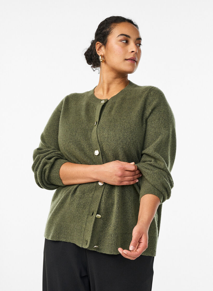 Strickjacke aus weichem Strick mit goldfarbenen Kn&ouml;pfen, Gr&uuml;n, Model image number 0