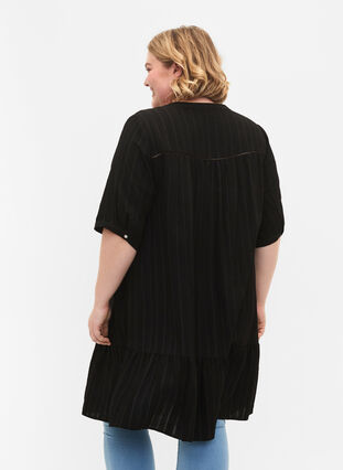 Gestreiftes Viskose Kleid mit Spitzenbändern, Black, Model image number 1