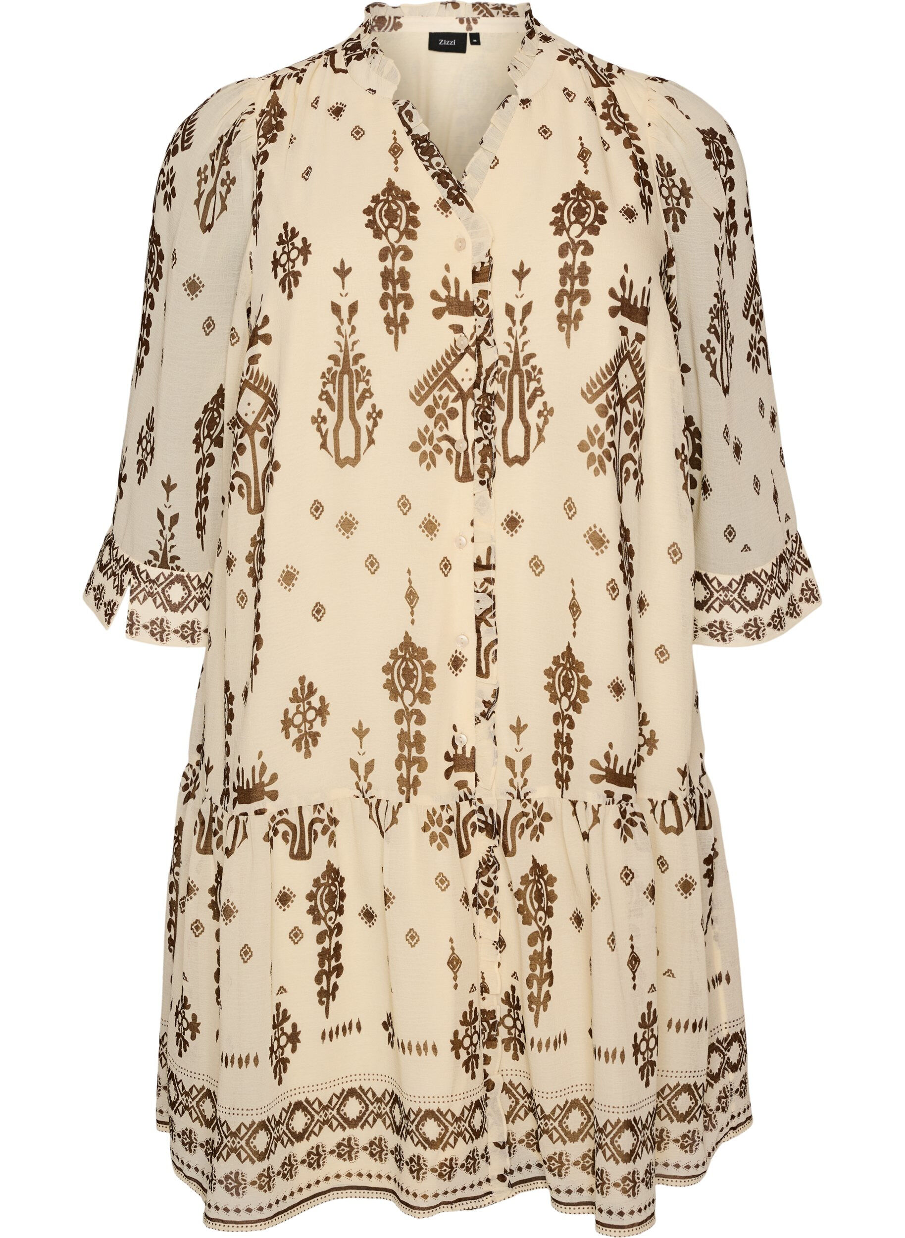ZizziKleid mit Ornament-Print und R&uuml;schenkragen, Beige, Packshot image number 0