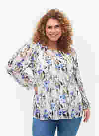 Bedruckte Bluse mit langen Ärmeln, Blue Flower AOP, Model