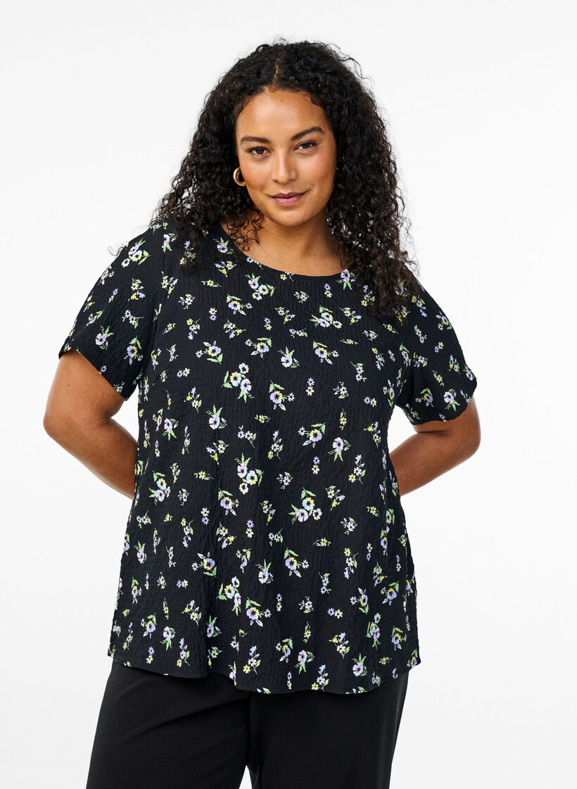 FLASH - Bluse mit Struktur und kurzen Ärmeln, Schwarz, Model image number 0