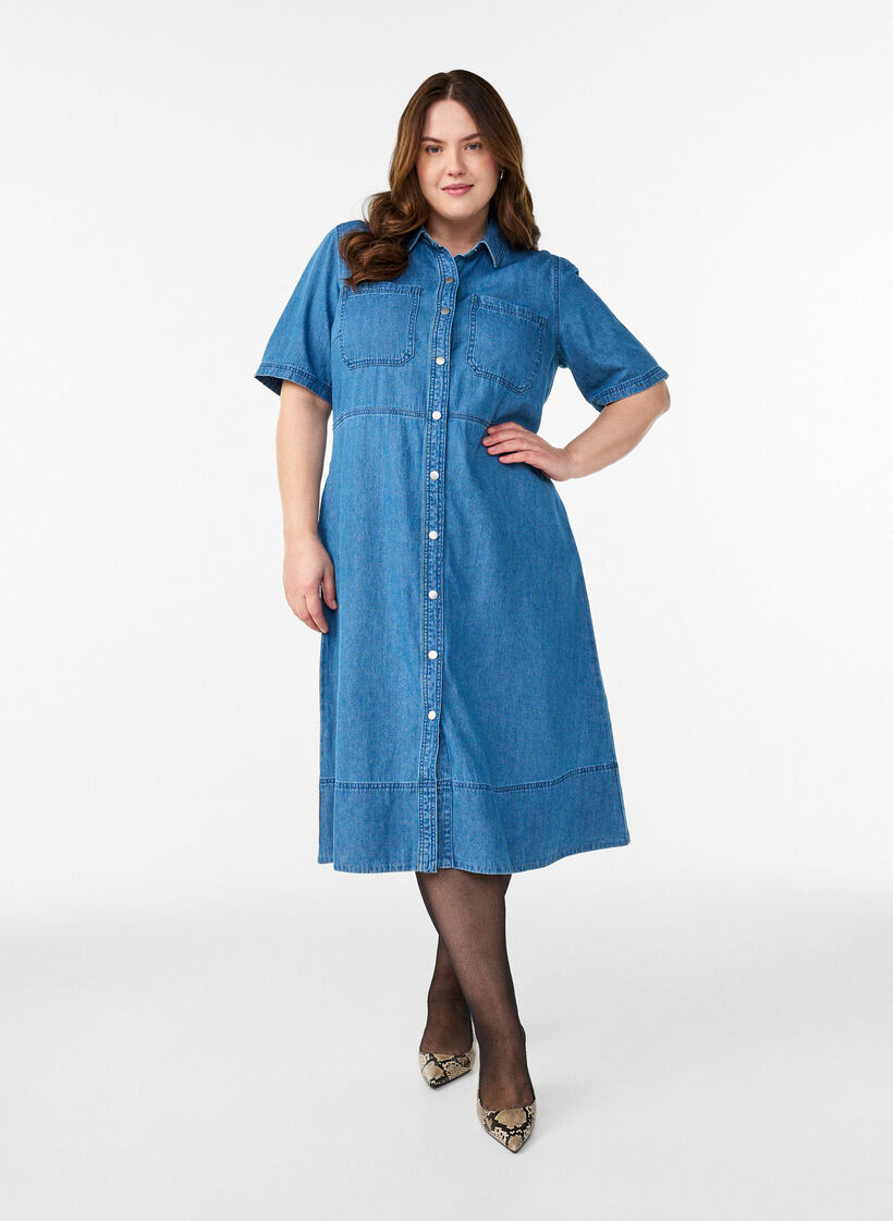 Jeanshemdkleid mit kurzen &Auml;rmeln, Blau, Model image number 0