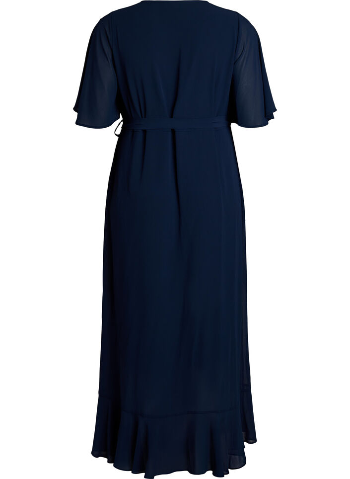 Maxikleid aus Chiffon mit V-Ausschnitt und R&uuml;schensaum, Blau, Packshot image number 1