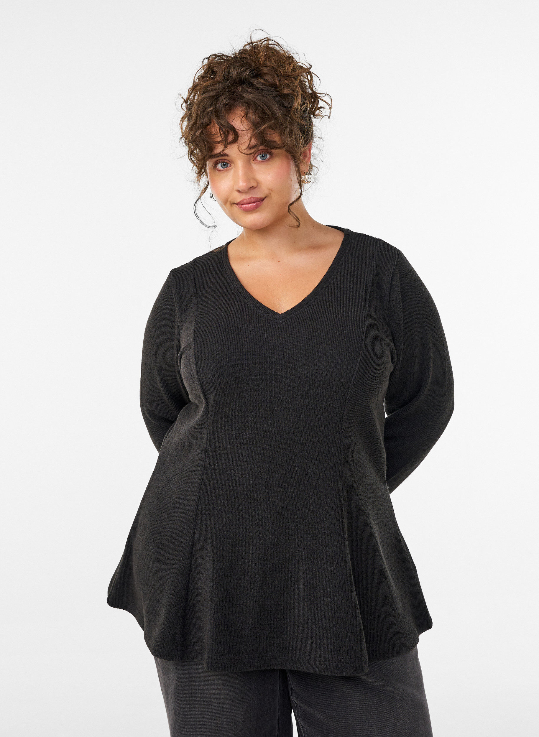 ZizziBluse aus Jersey mit gerippter Struktur und A-Linien-Passform, Schwarz, Model image number 0