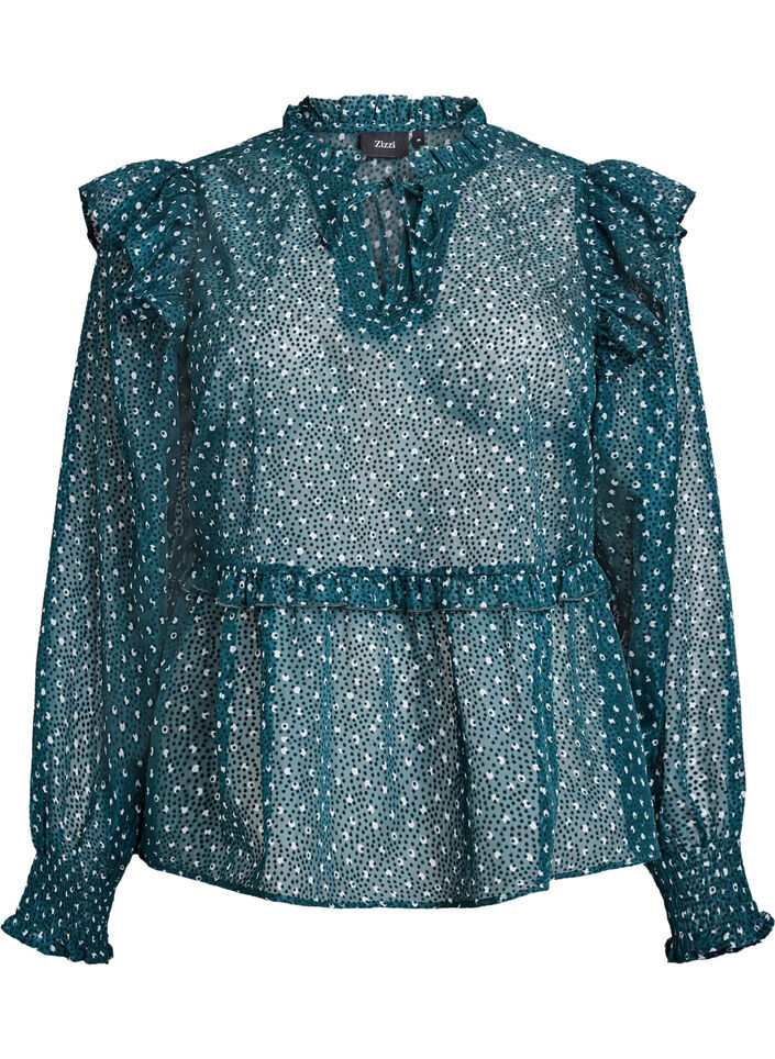 Bluse aus Chiffon mit Rüschendetails und kleinen Punkten, Grün, Packshot image number 0