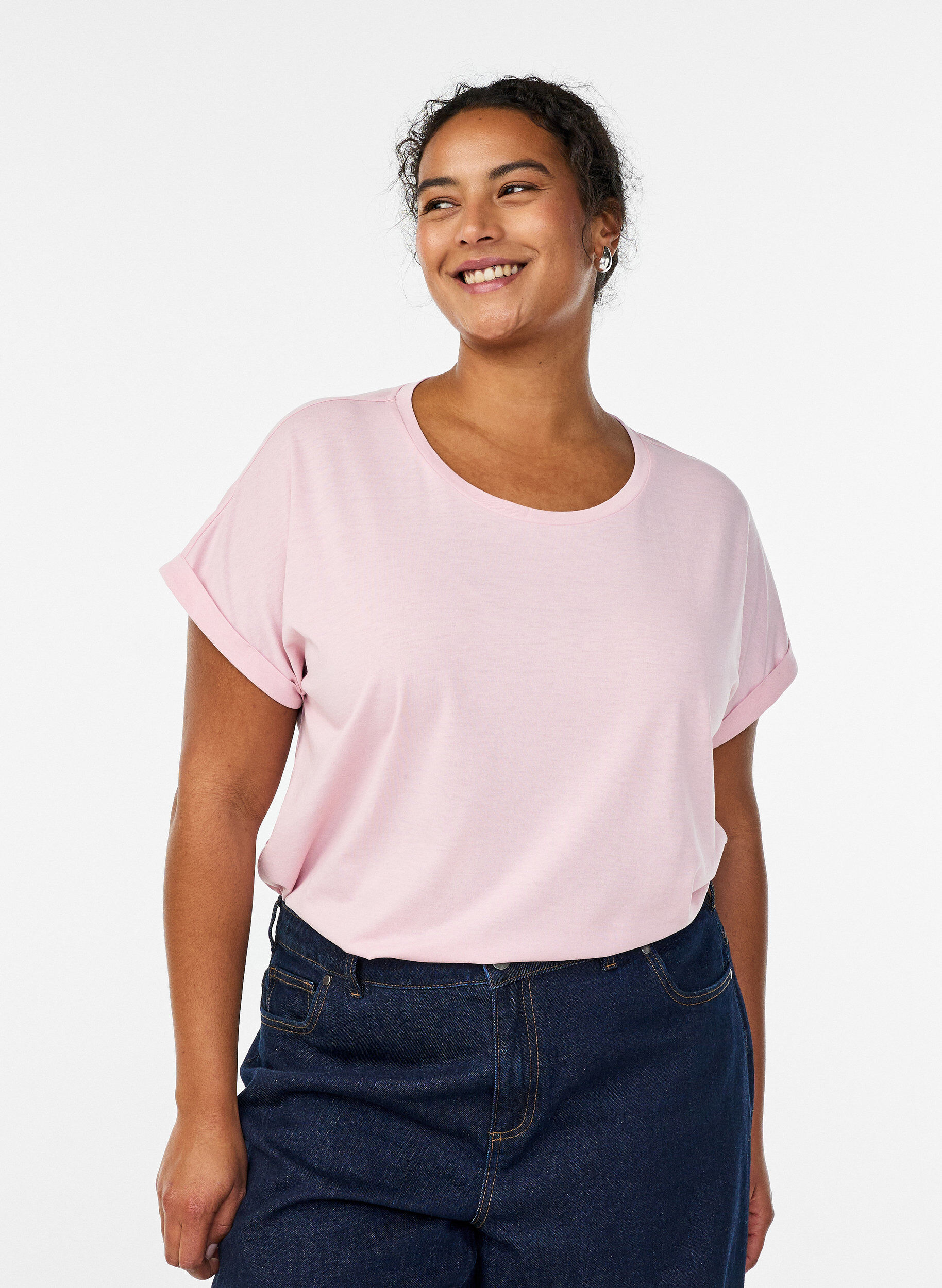 Kurz&auml;rmeliges T-Shirt aus Baumwollmischgewebe, Pink, Model