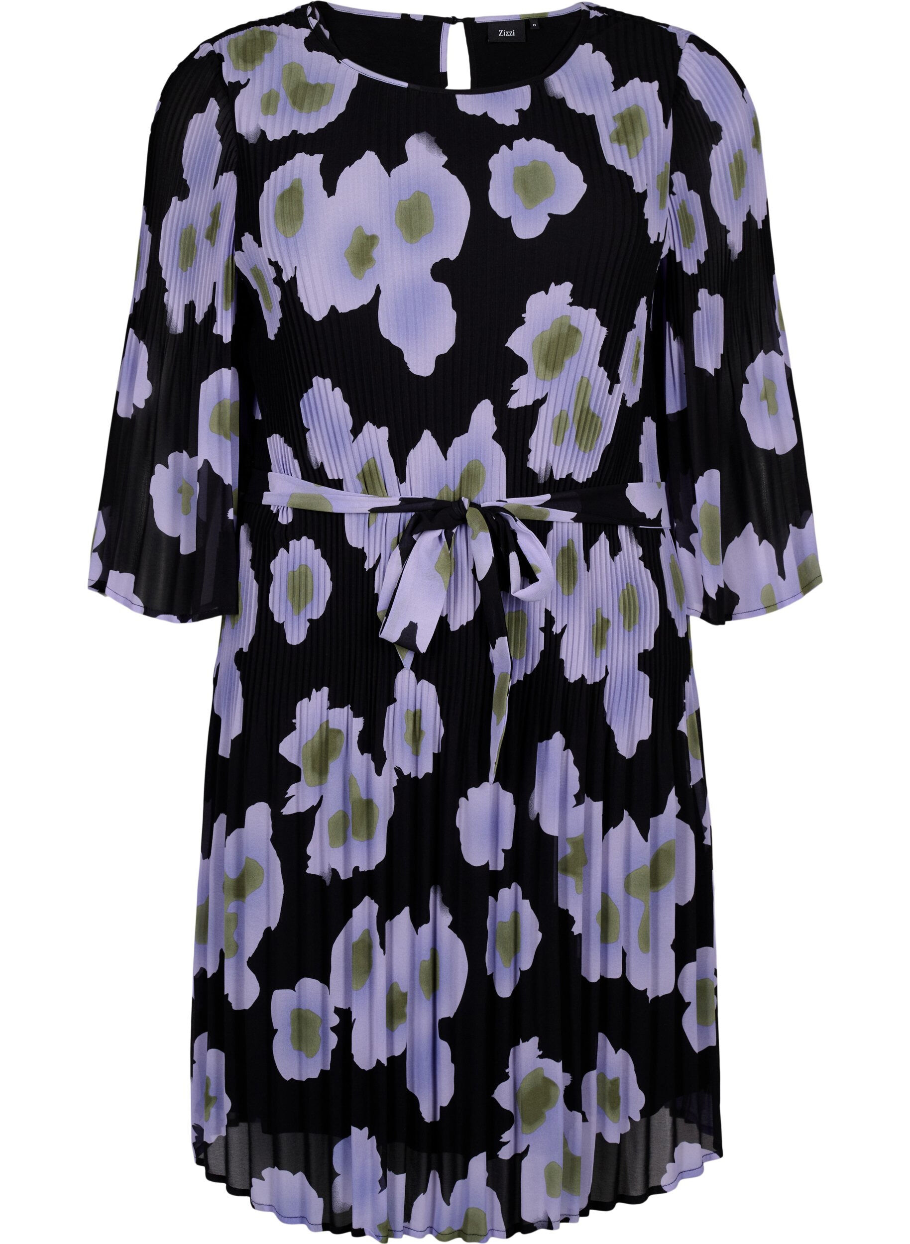 ZizziPlisseekleid mit Bindeband und Print, Black w. Floral, Packshot image number 0