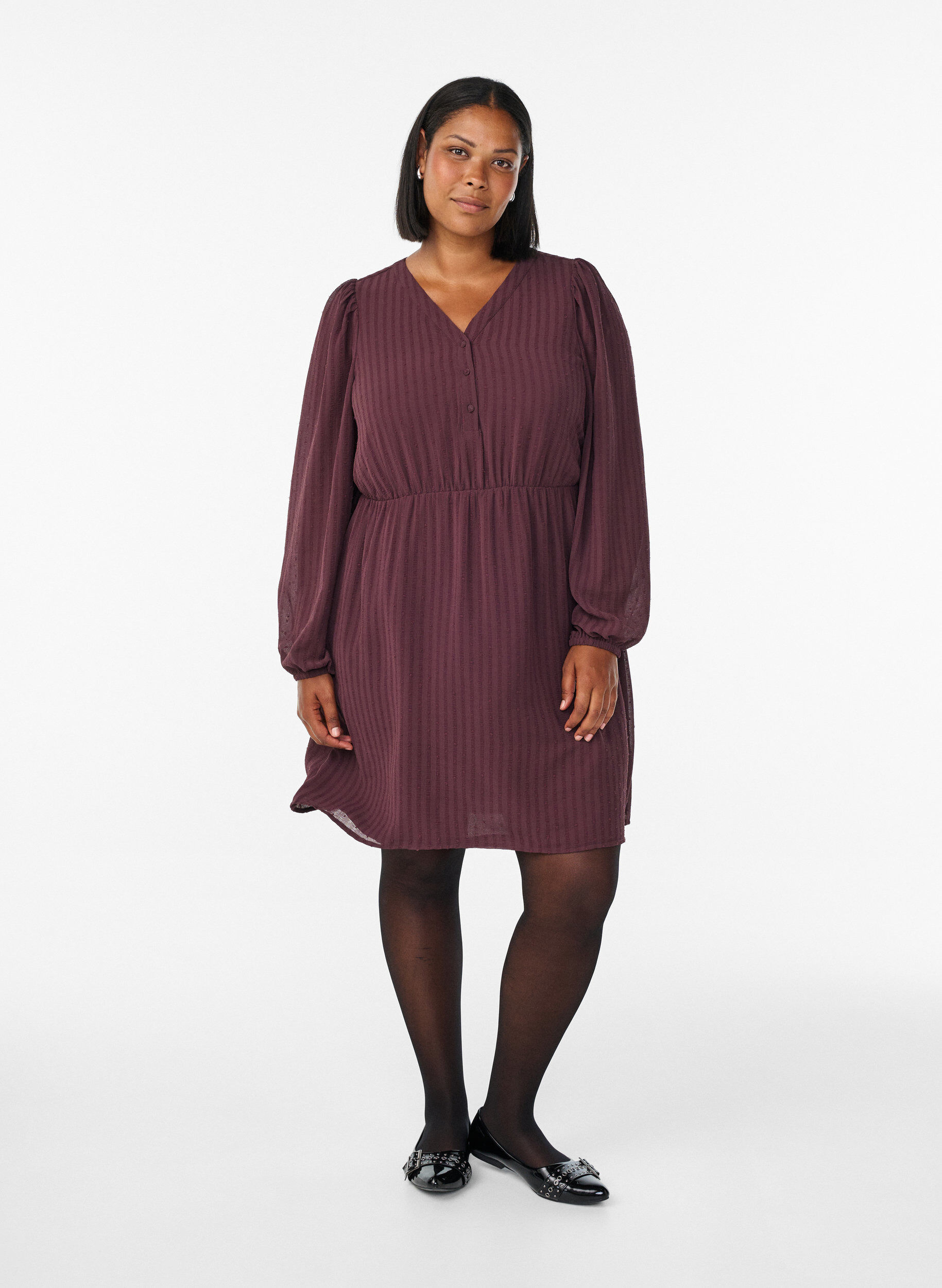 ZizziKurzes Kleid mit Ton-in-Ton-Streifen und texturierten Punkten, Dunkles Bordeaux, Model image number 1