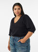 Kurz&auml;rmelige Bluse aus Strick mit Pointelle-Muster, Schwarz, Model image number 0
