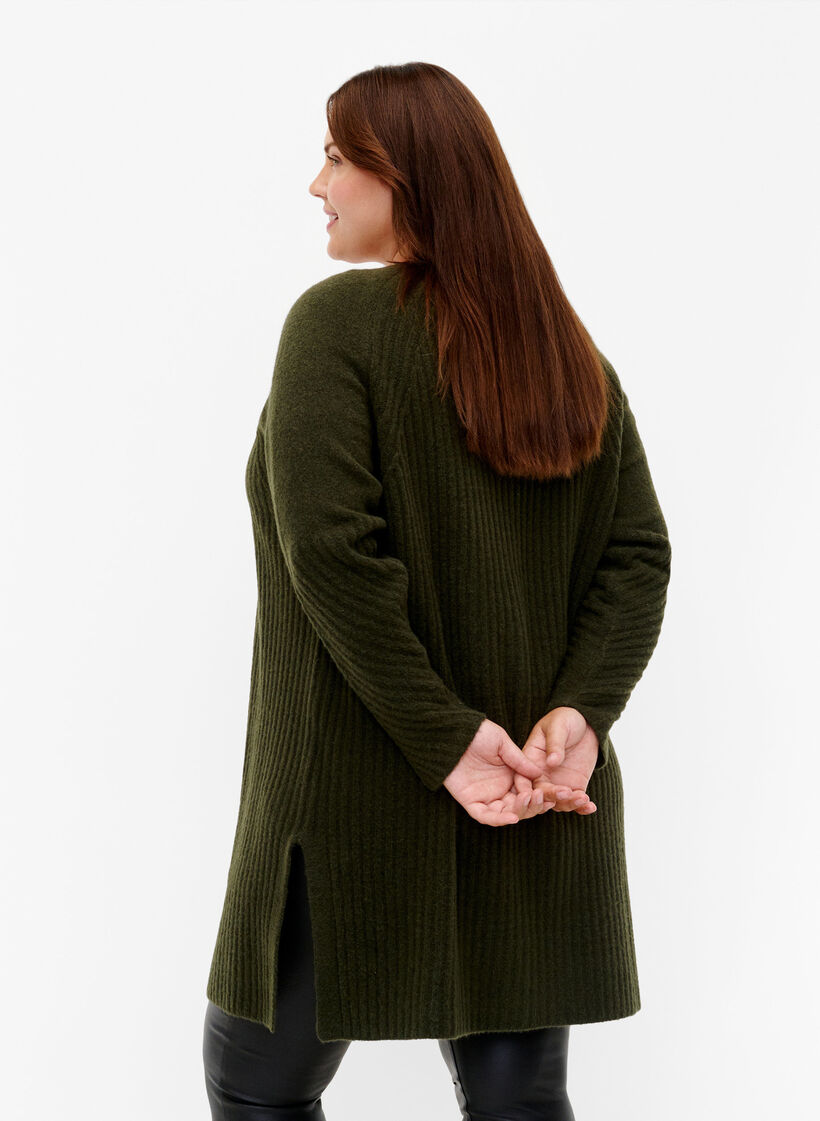 Lange Strickjacke aus Rippenstrick, Forest Night Mel., Model image number 1