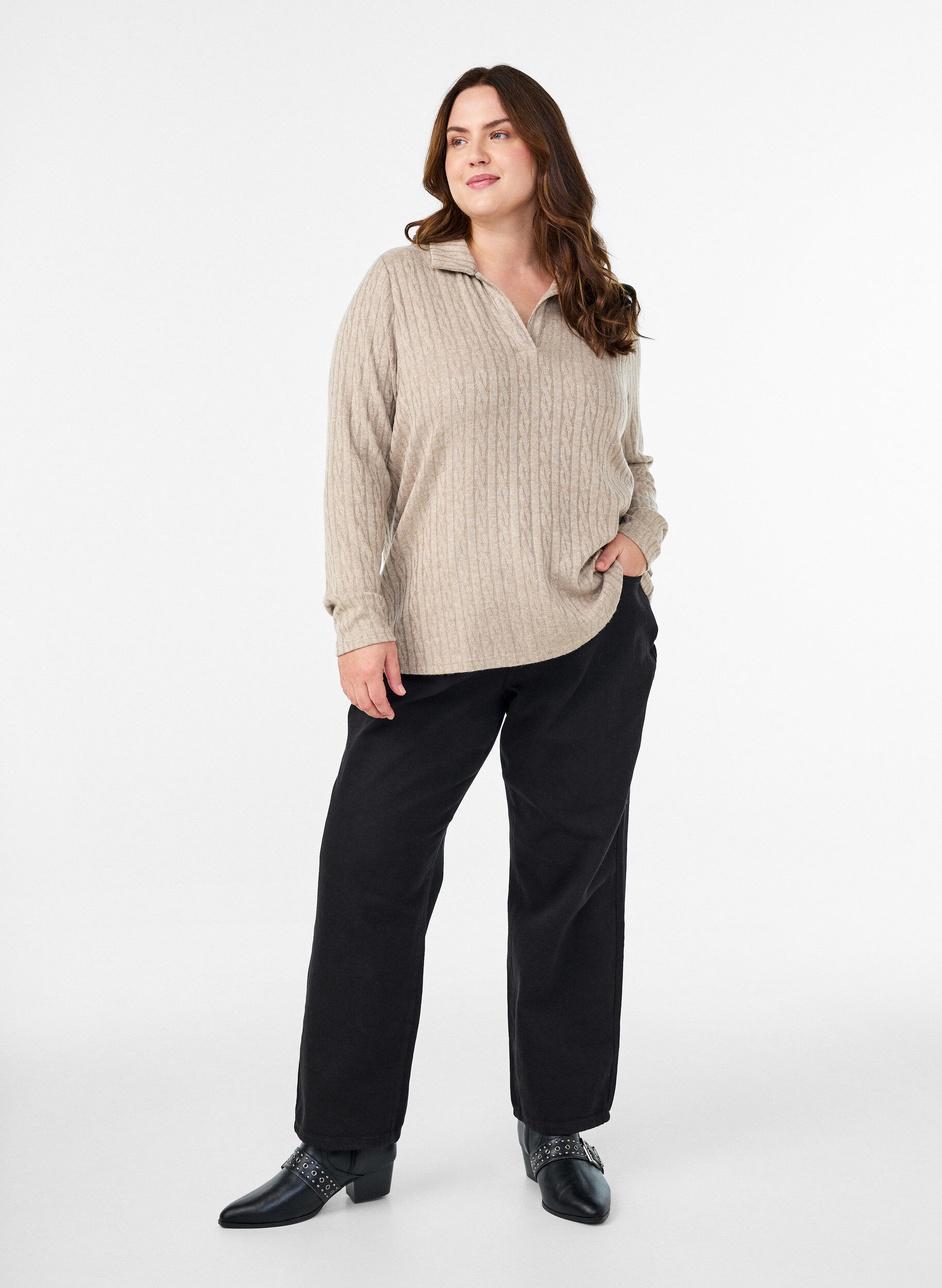 ZizziStrickbluse mit Kragen und Zopfmuster, Beige, Model image number 1