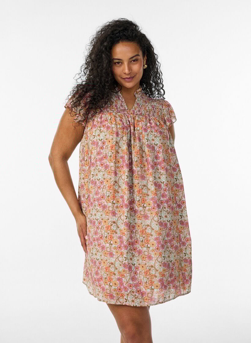 Kurzes Kleid aus Viskose mit Smock und Blumenprint, Orange, Model image number 0