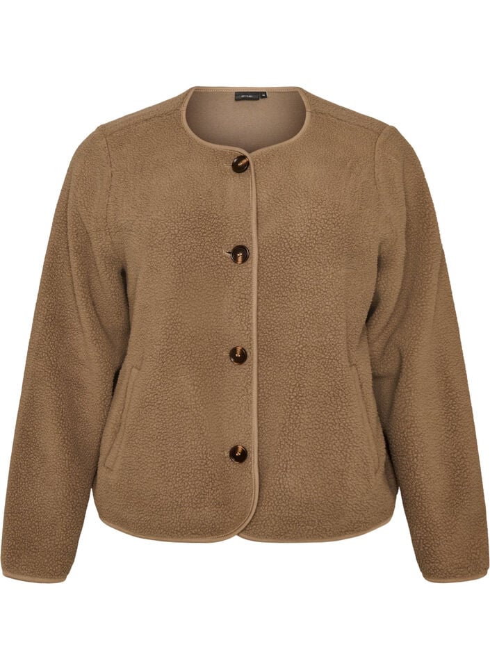 Teddyjacke mit Rundhalsausschnitt und Kn&ouml;pfen, Braun, Packshot image number 0
