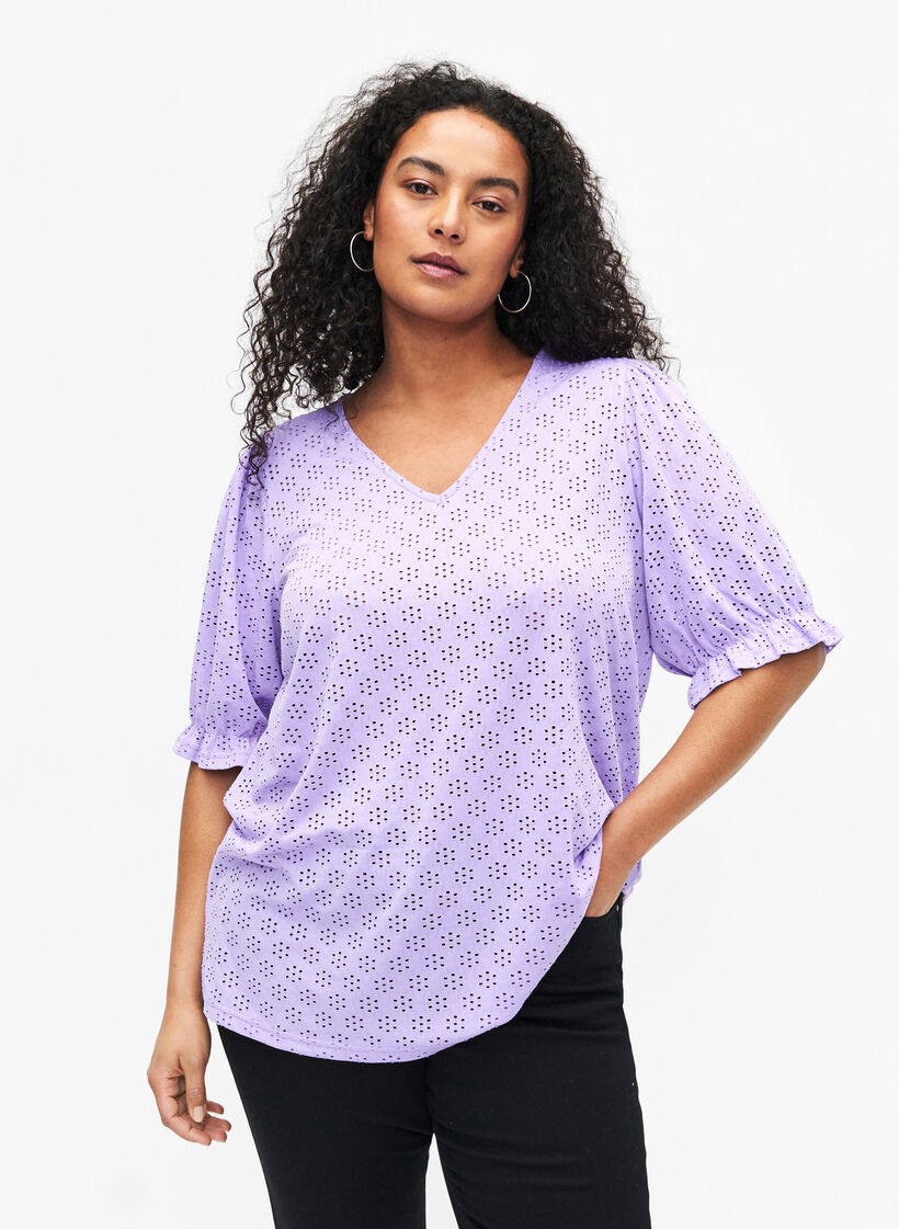 Bluse mit V-Ausschnitt und Lochmuster, Viola, Model image number 0