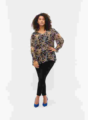 Geblümte Bluse mit langen Ärmeln und V-Ausschnitt, Black/Vibrant Flower, Model image number 2