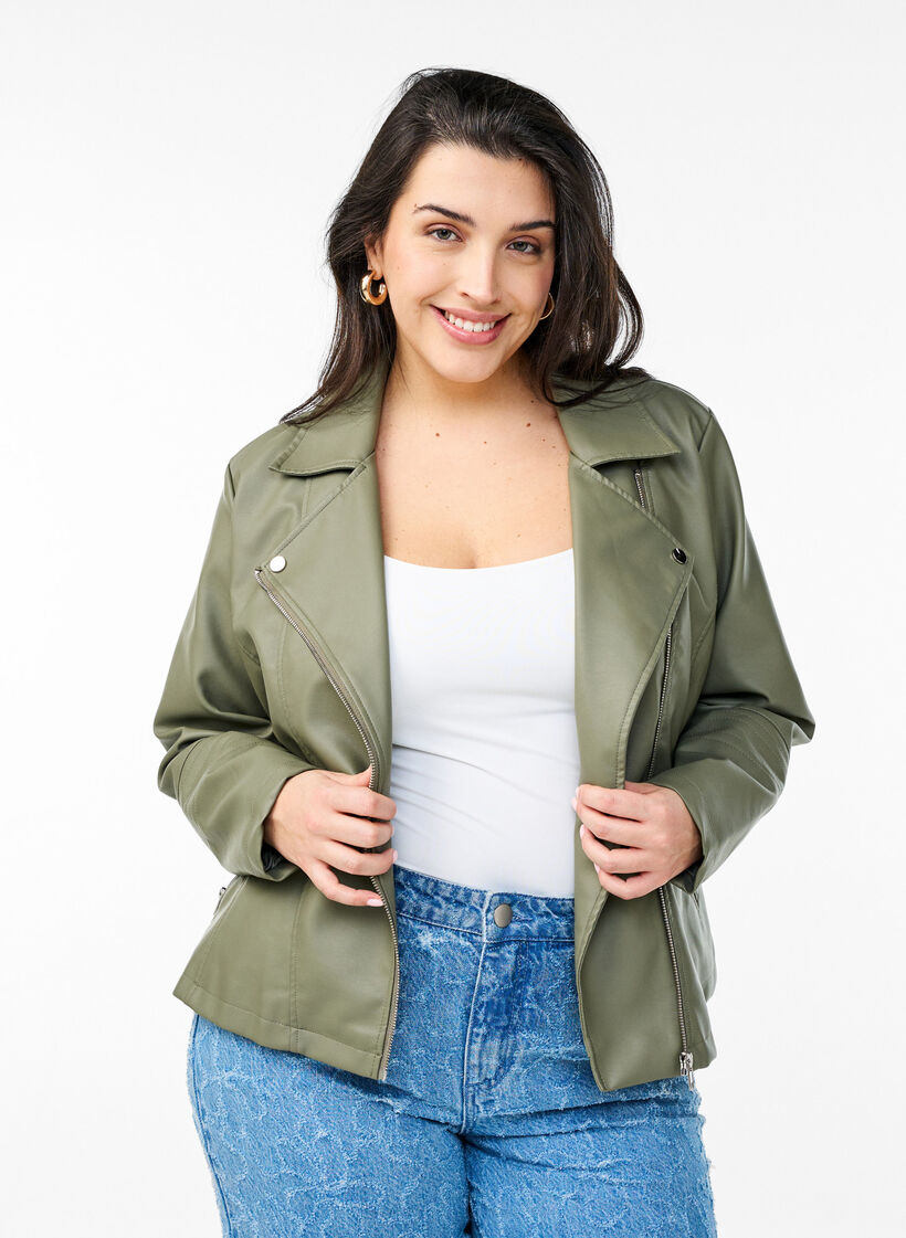 Bikerjacke aus Kunstleder, Gr&uuml;n, Model image number 0