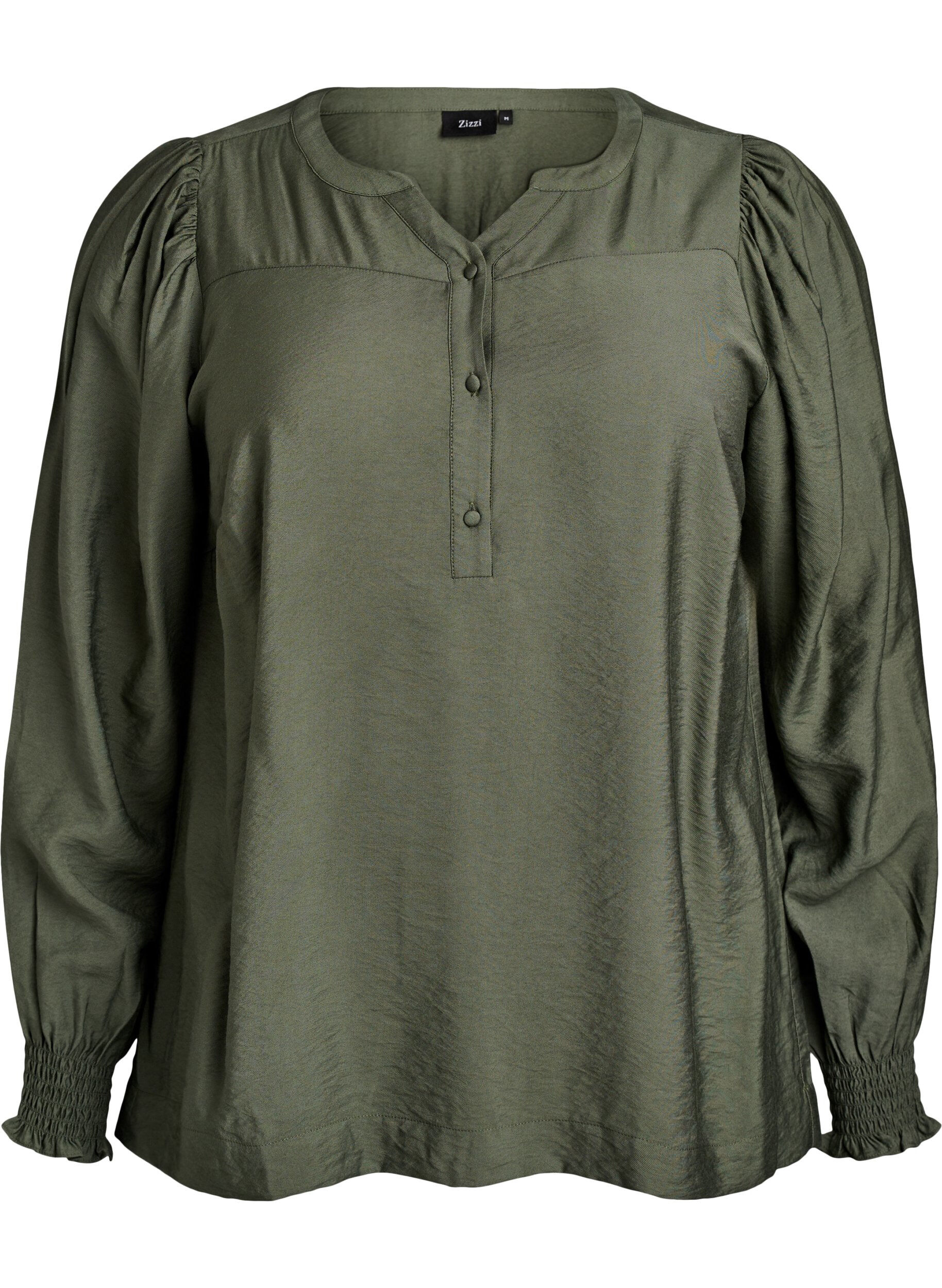 ZizziViskose-Bluse mit Puff&auml;rmeln und gerafften Details, Gr&uuml;n, Packshot image number 0