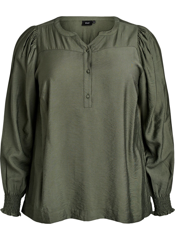 Viskose-Bluse mit Puff&auml;rmeln und gerafften Details, Gr&uuml;n, Packshot image number 0