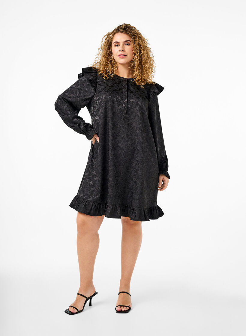 Jacquardkleid mit langen Ärmeln und Rüschen, Schwarz, Model image number 1