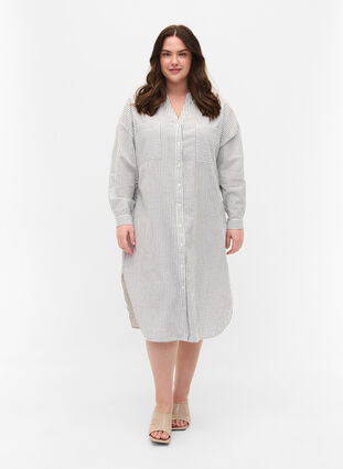 Gestreiftes Hemdkleid aus Baumwolle, White Stripe, Model image number 2