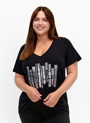 Baumwoll-T-Shirt mit Pailletten, Black W. Be free, Model image number 0
