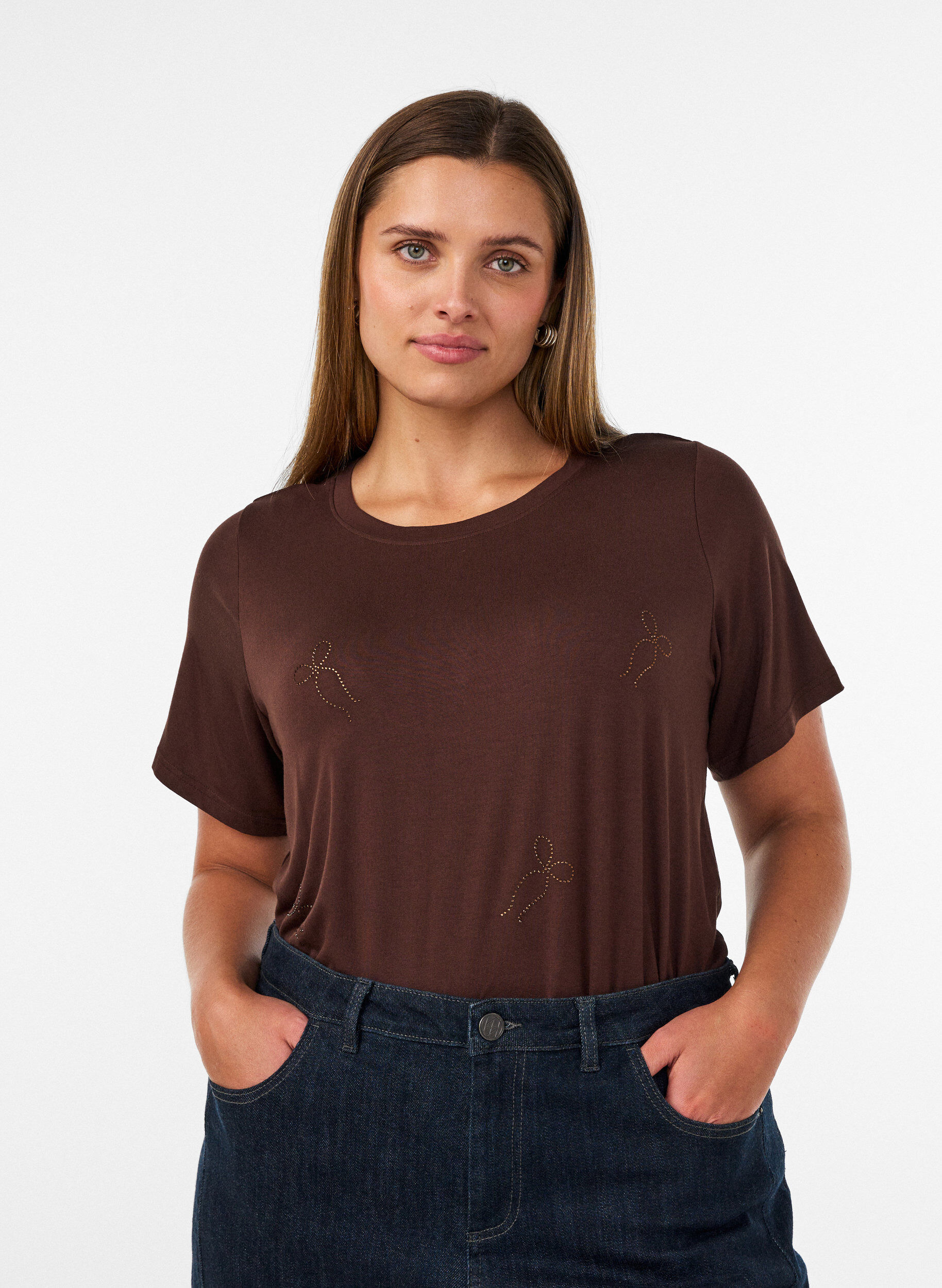 ZizziT-Shirt aus Viskose mit Strasssteinen, Braun, Model image number 0