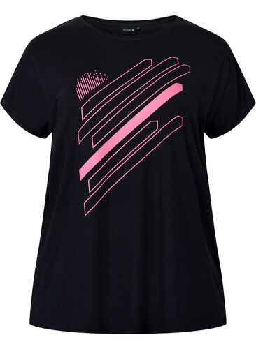 Trainingsshirt mit kurzen Ärmeln und Print, Black/Pink Print, Packshot image number 0