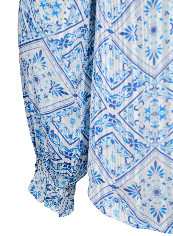 Langärmelige Bluse mit Rüschen und Aufdruck, Beige, Packshot image number 3