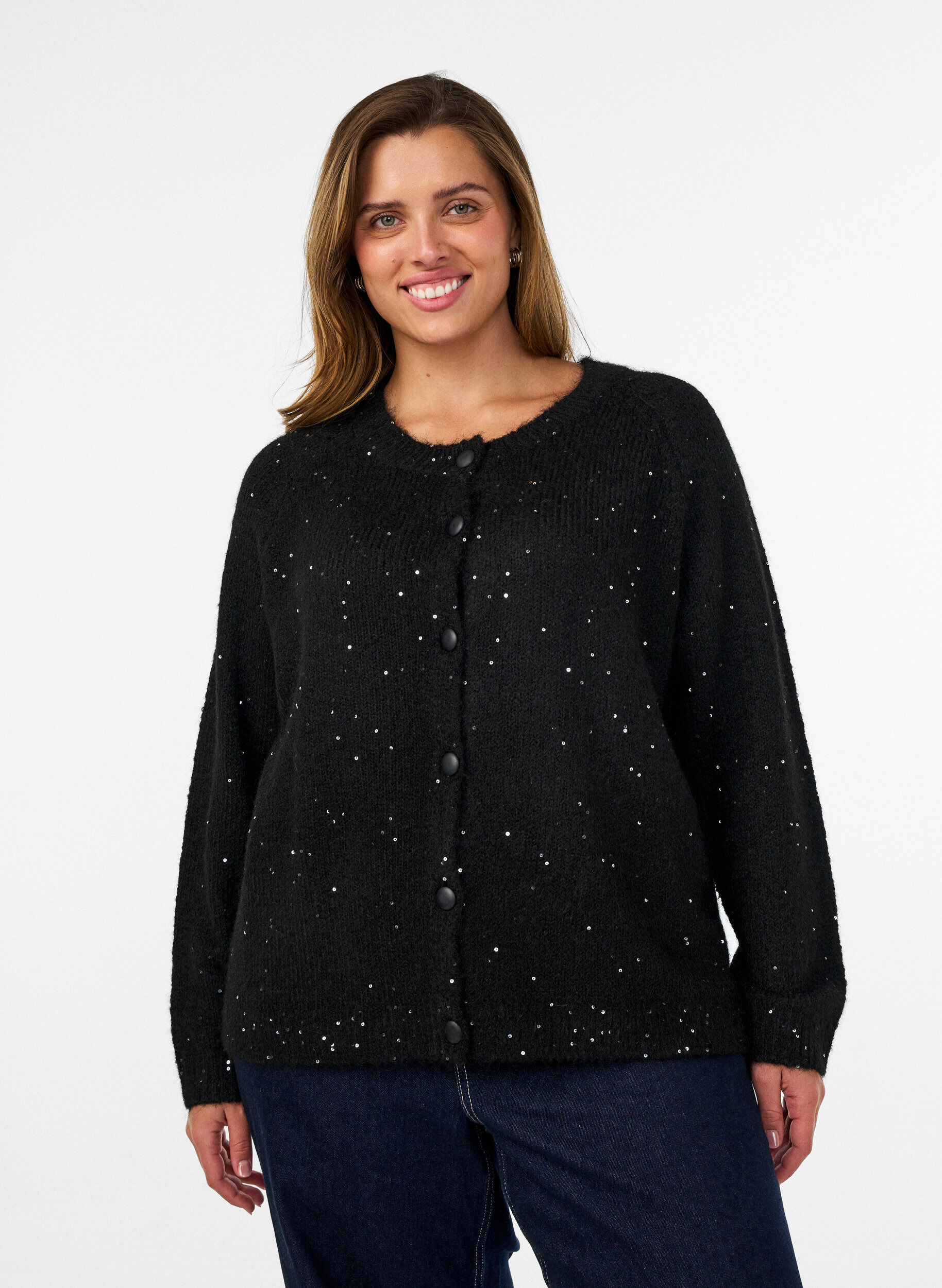 Cardigan mit Pailletten und Kn&ouml;pfen, Schwarz, Model