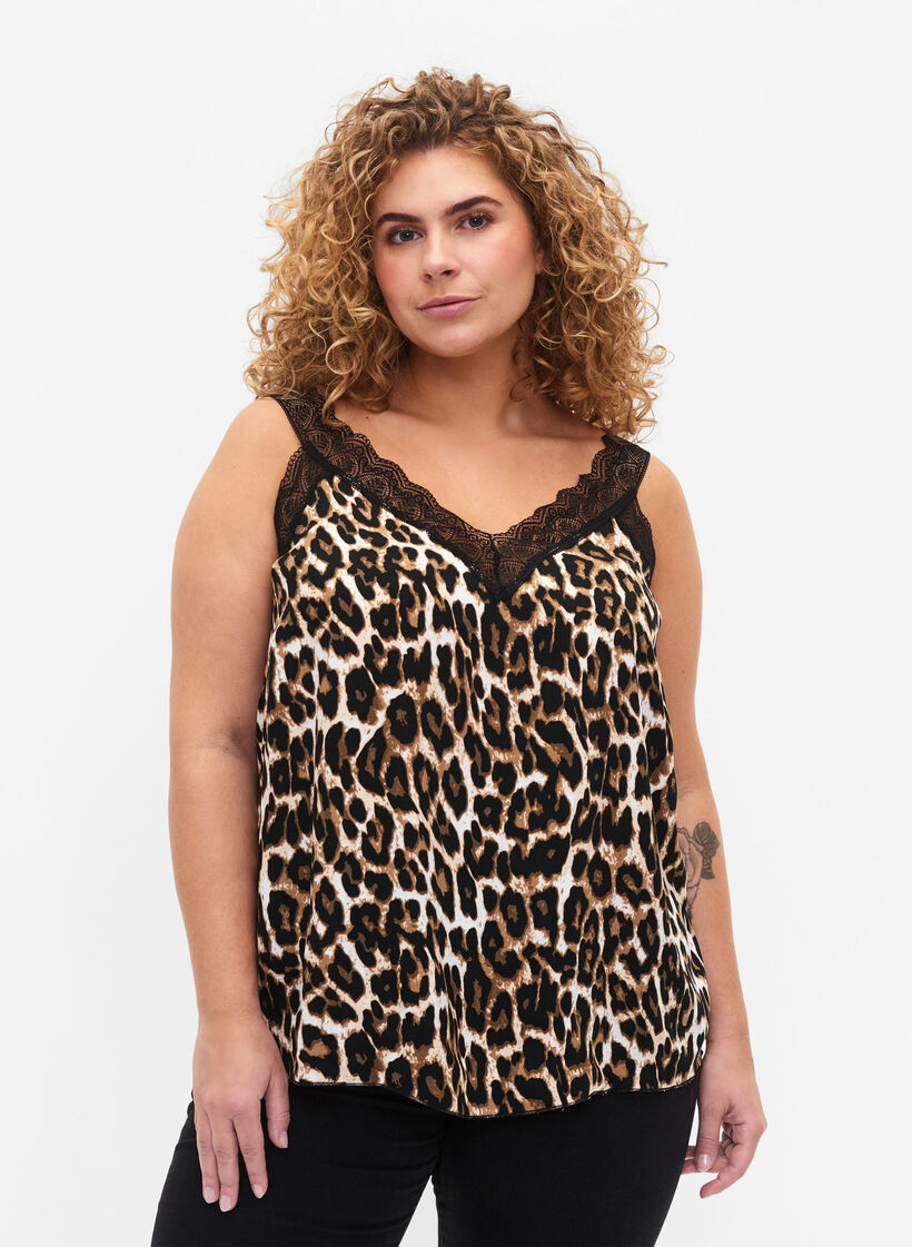 Top mit Spitze aus Viskose, Leopard, Model image number 0
