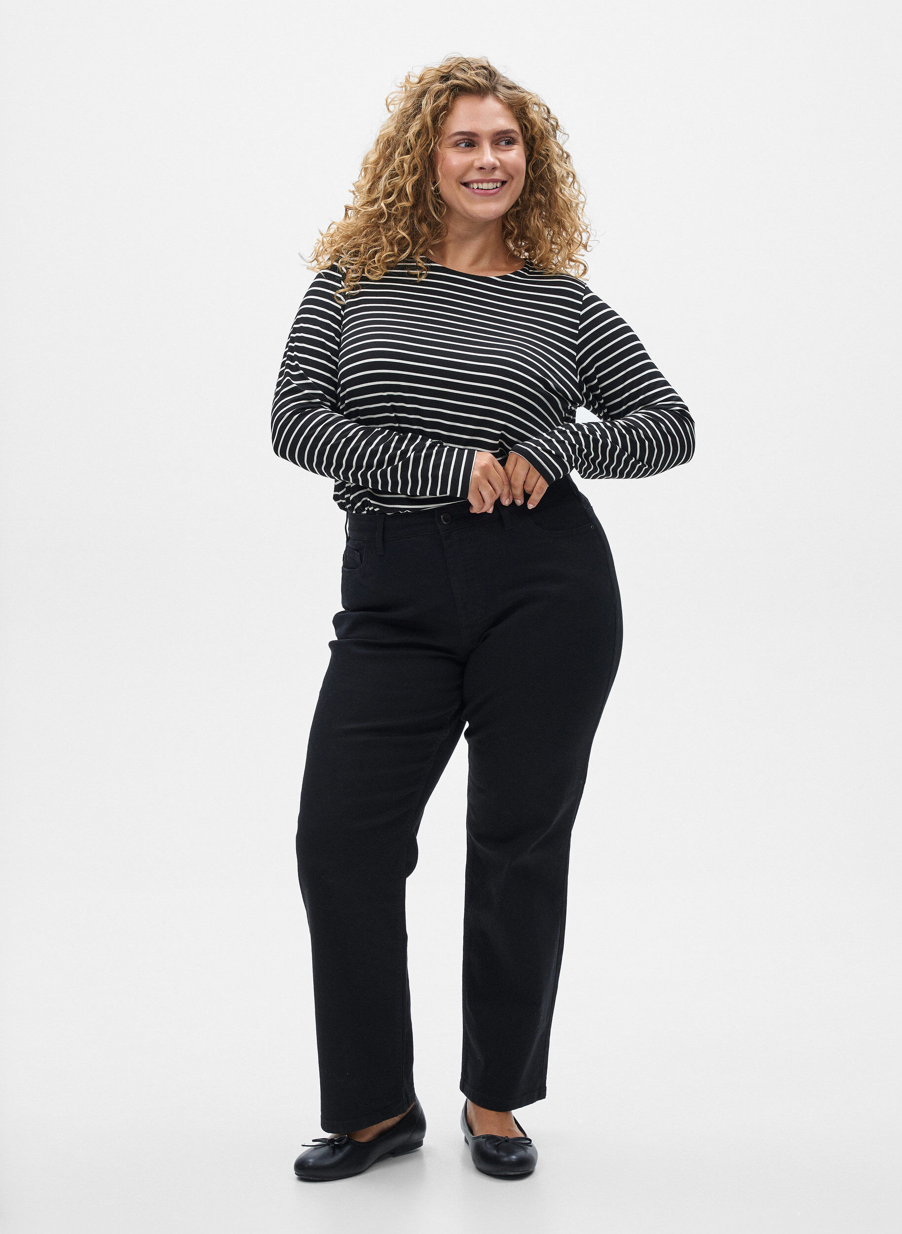 ZizziGestreifte Langarmbluse, Schwarz, Model image number 1