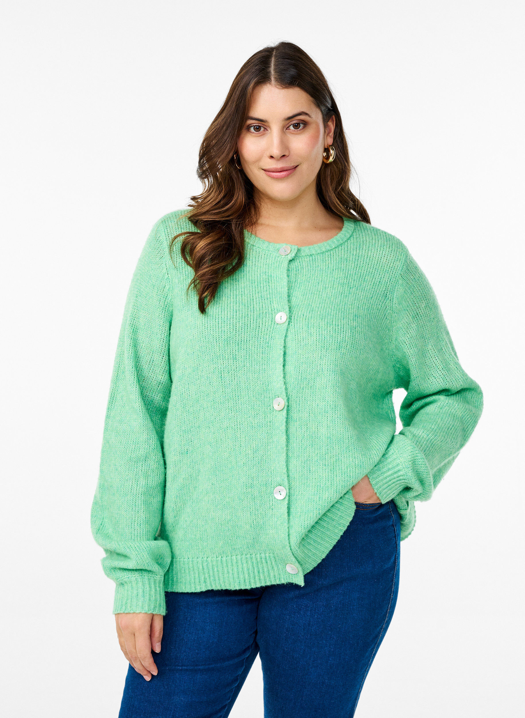 ZizziStrickjacke mit Wolle und Kn&ouml;pfen, Light G. Green Mel., Model image number 0