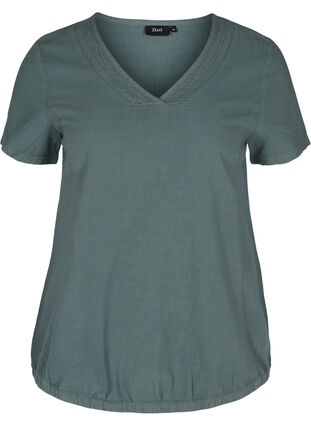 Kurzarm Bluse aus Baumwolle mit V-Ausschnitt, Balsam Green, Packshot image number 0