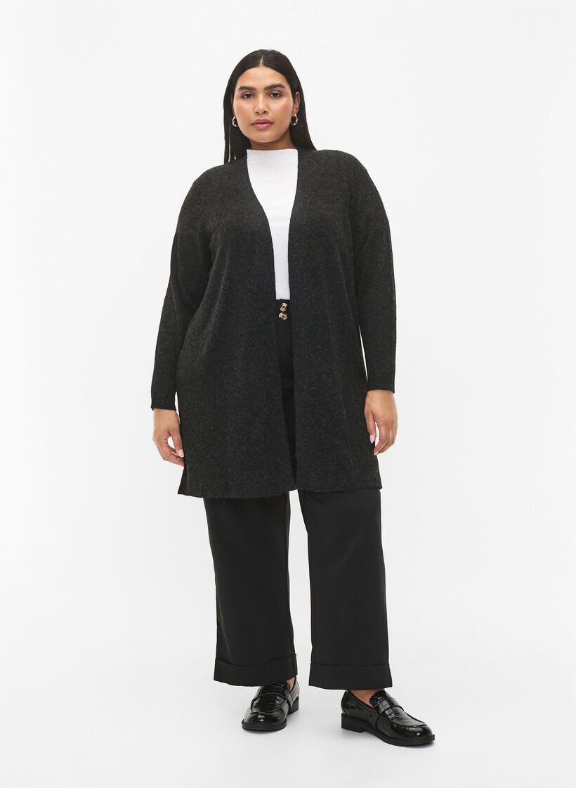 Lange Strickjacke mit offener Vorderseite, Dark Grey Melange, Model image number 2