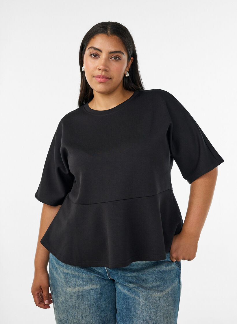 Peplum-Bluse mit ellenbogenlangen &Auml;rmeln, Schwarz, Model image number 0