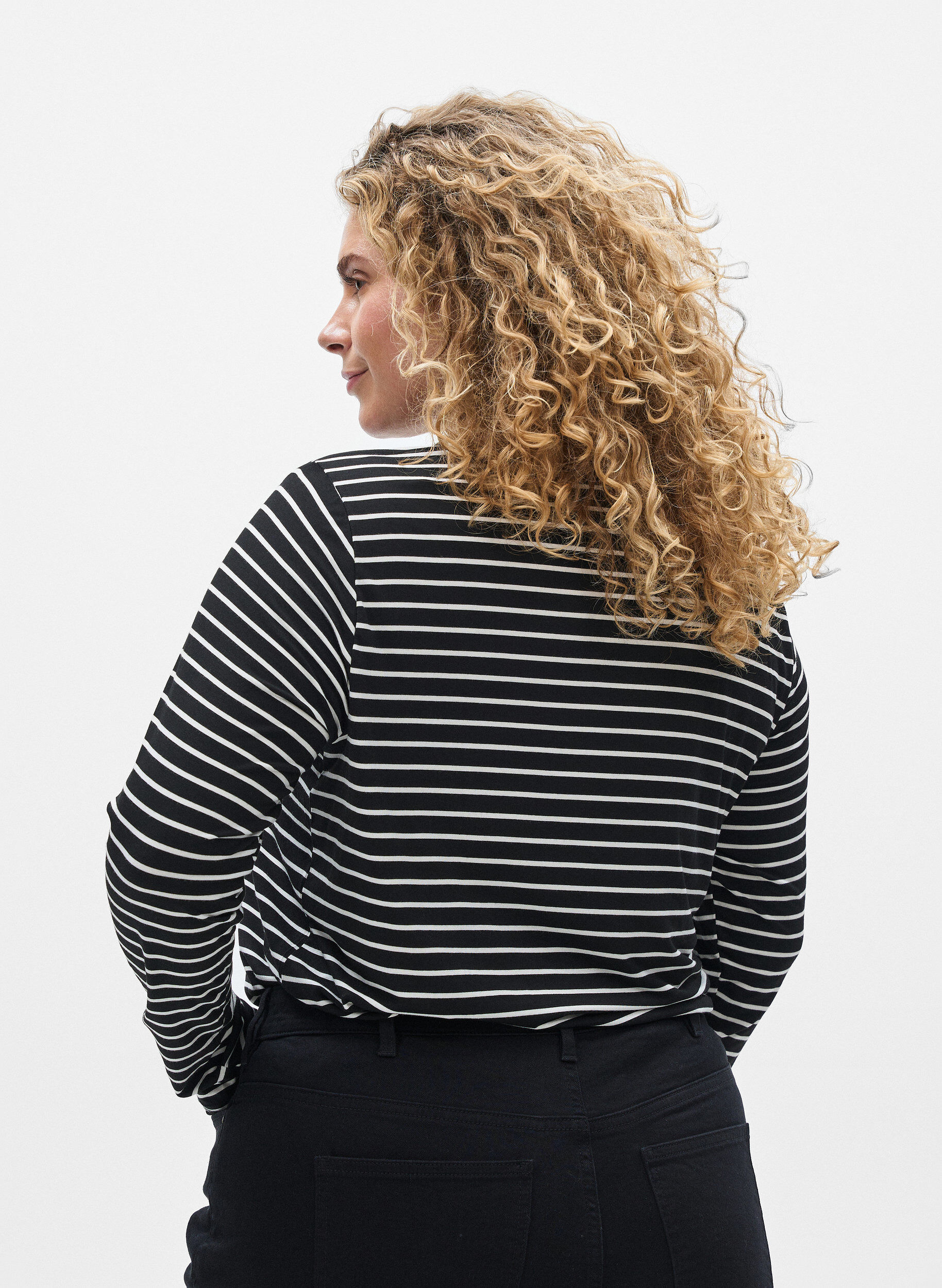 ZizziGestreifte Langarmbluse, Schwarz, Model image number 2