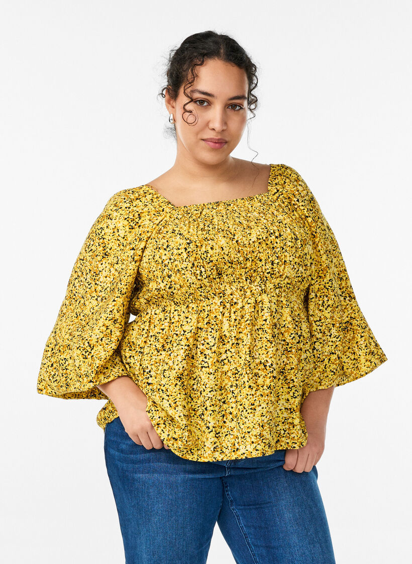 Bluse mit Smock und Karree-Ausschnitt, Gelb, Model image number 0