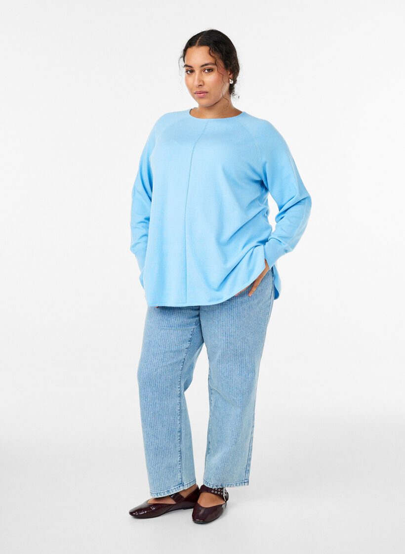 Strickbluse mit Rundhalsausschnitt und Strickmuster, Blau, Model image number 1