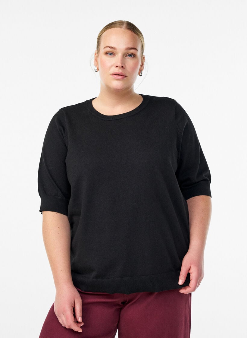 Fein gestrickte Bluse mit kurzen &Auml;rmeln, Schwarz, Model image number 0