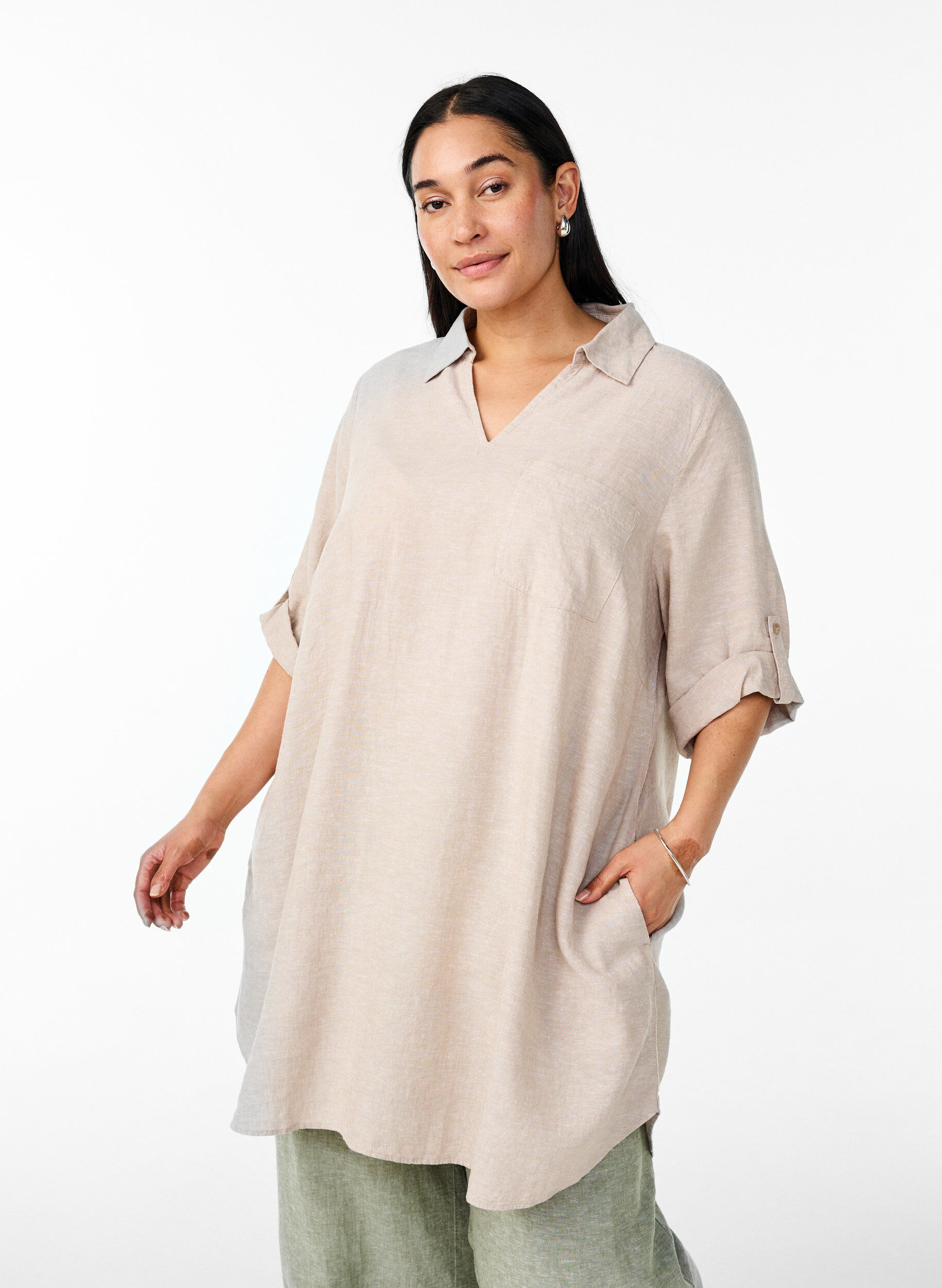 ZizziTunika aus Leinen und Viskose mit A-Linie, Beige, Model image number 0