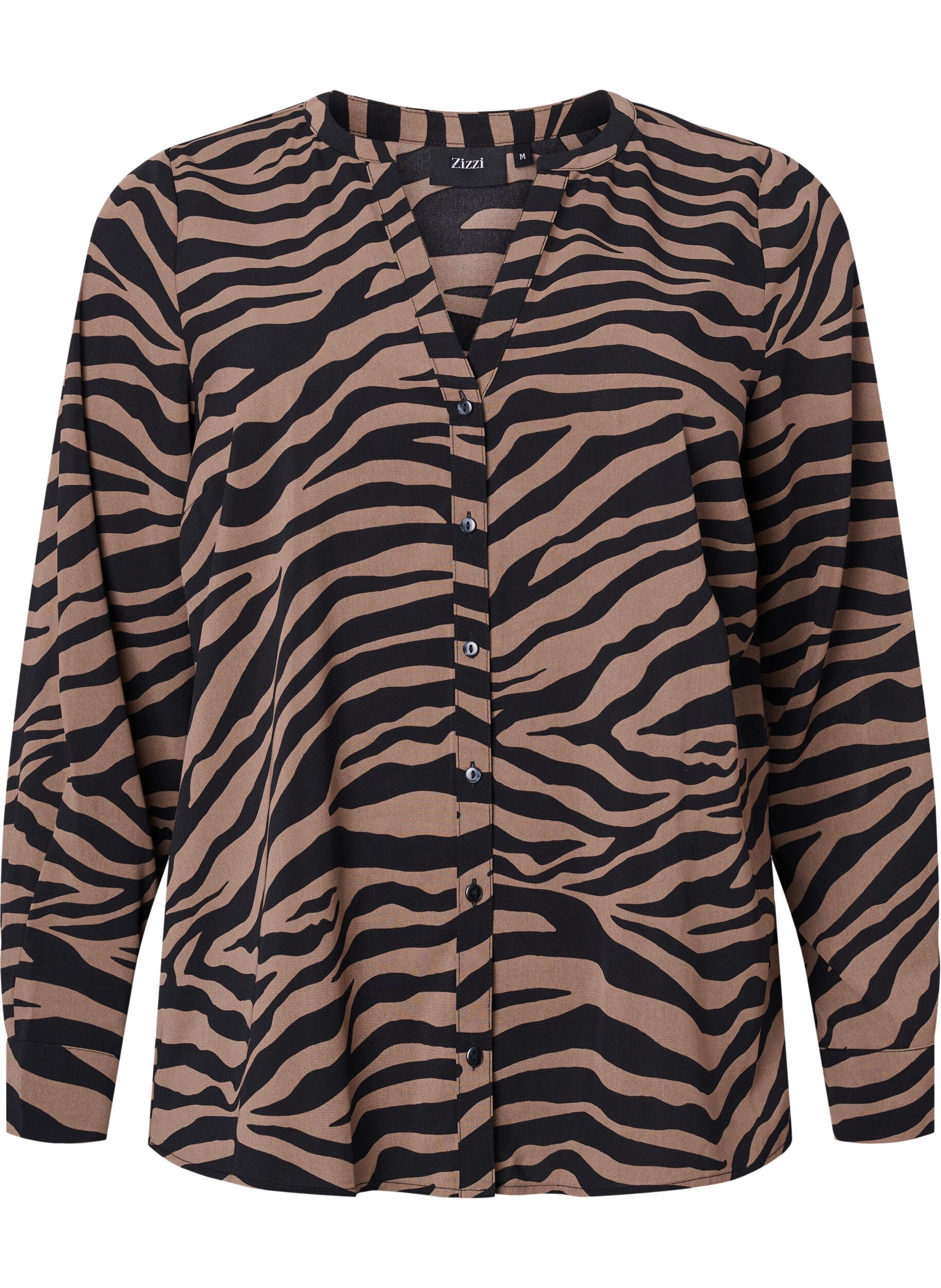 ZizziHemd mit V-Ausschnitt und Zebradruck, Black/Brown Zebra, Packshot image number 0