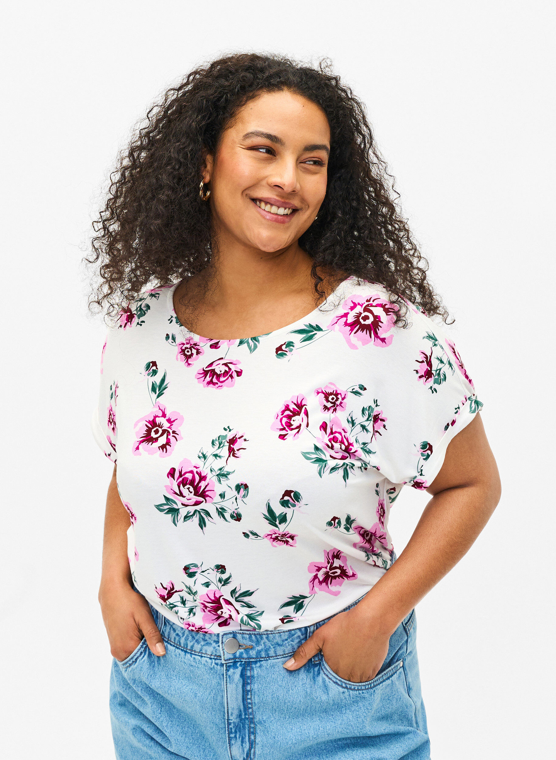 ZizziGebl&uuml;mte Bluse aus Viskose mit kurzen &Auml;rmeln, White Pink AOP, Model image number 0